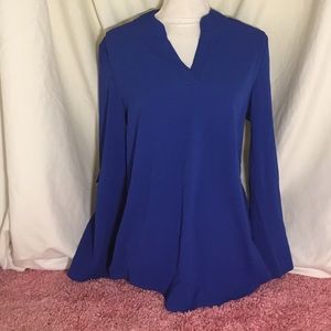 SHSHDHZX Blue Long Sleeve Relaxed Tunic with Mandarin Collar